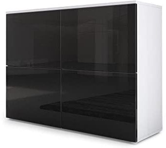 Vladon Sideboard Rova, Made in Germany, Kommode mit 4 Türen, Weiß matt/Schwarz Hochglanz (92 x 72 x 35 cm)