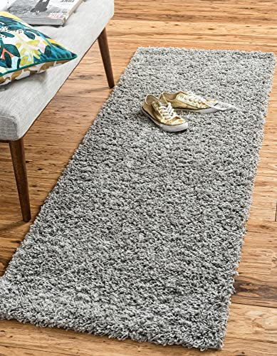 Unique Loom Solo Solid Shag Kollektion Moderner Plüsch-Hochflor Teppich, Wolke Grau, 66 x 196 cm