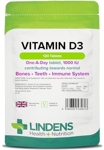 Lindens Vitamin D3 1100IU - 120 Tablets - Immune System, Bones, Teeth, UK Manufacturer Immune Support | (4 Months Supply) | Suitable for Vegetarians | Letterbox Friendly