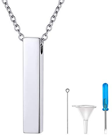 Richsteel Collier Prenom Personnalisé Pendentif Colonne Barre 4 Face Gravée 3D Médaillon de Cendre en Acier Inoxydable 18+2(46+5cm) Chaîne + Kit de Remplissage Argent (Gravure Disponible)