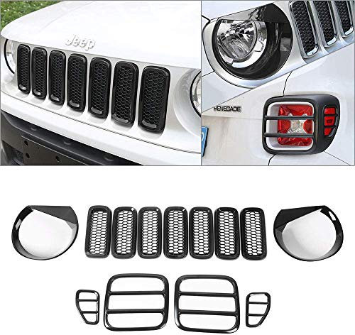 13 STÜCKE Angry Bird Scheinwerferblenden & Mesh Grill Einsätze & rücklicht Trim Abdeckung Lünette für Renegade 2016 2017 2018 (Schwarz)