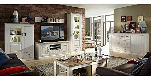 Lomadox Landhaus Wohnwand inkl. Anrichte und Couchtisch in Pinie weiß mit Abs. Taupe