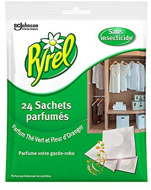 Pyrel Sachets Parfumés pour Armoire - Parfum Thé Vert et Fleur d'Oranger - Jusqu'à 2 Mois de Parfum - 24 Sachets