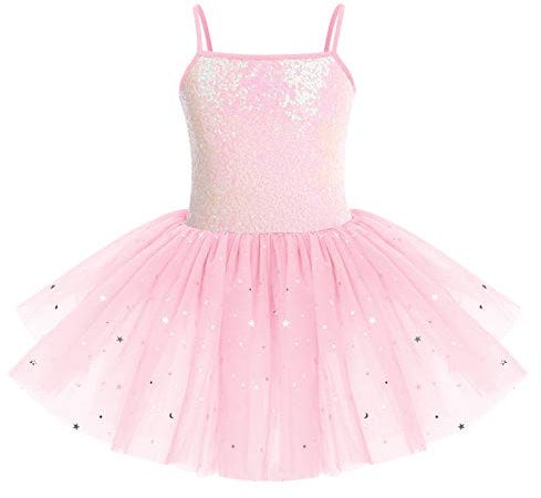 IMEKIS Robe de danse à paillettes pour fille - Sans manches - Justaucorps de danse avec jupe en tulle brillante pour enfant - Rose - 5-6 ans