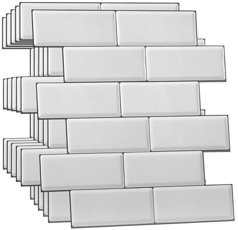 WALPLUS 3D Tile Stickers Peel and Stick Backsplash Splashback Decals Tile Transfer for Kitchen Bathroom Living Room Stick on Tile Waterproof White Metro 48 Sheets 30.5x15.4cm