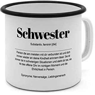 Emaille-Tasse mit Definition Schwester - Tasse mit Spruch, Wörterbuchtasse, Geschenktasse, witzig, Kaffeebecher, Becher, Tasse, Becher - Farbe Weiß/Schwarz