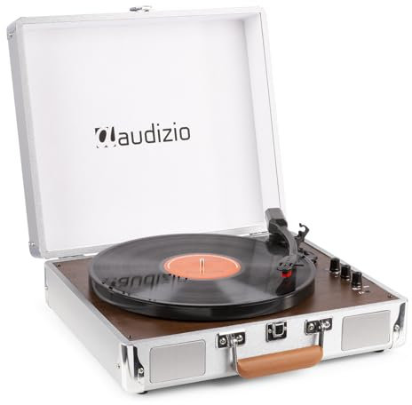 Audizio RP320 Briefcase Vinyl Record Player Turntable with Built-in Speakers, Bluetooth, USB Vinyl to MP3 Digital Conversion, 3-Speed, Aluminium Design
