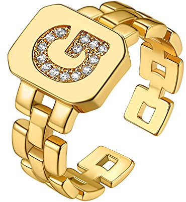 Mode Verstellbarer Offener Buchstaben G Ring Damen Kupfer Initiale Alphabet G Siegelring mit Zirkonia Harry Styles Statement Ring Schlichter Polierter Ring in Gold