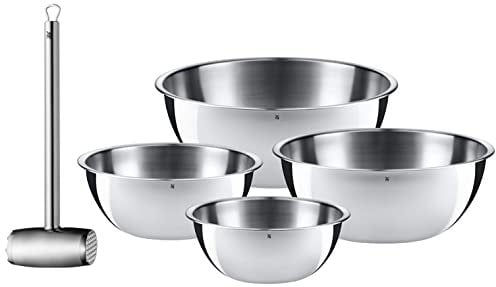 WMF Profi Plus Fleischhammer 34 cm, Fleischklopfer, Schnitzelklopfer & Gourmet Schüsselset 4-teilig Edelstahl Schüsseln für die Küche 0,75l - 2,75l, Rührschüssel, Salatschüssel, Cromargan, stapelbar