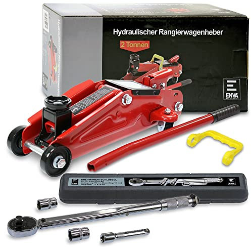 ENVA Hydraulischer Wagenheber 2t Rangierwagenheber Hubhöhe 135-340mm & Drehmomentschlüssel ½ Zoll Antrieb Vierkant inkl. 110mm Verlängerung & Stecknüsse 17mm + 19mm