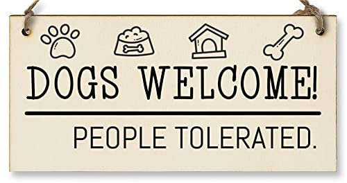 Handmade Wooden Hanging Wall Plaque Dogs Welcome People Tolerated Funny Cute Sign Pet Lover Dog Mum Dad