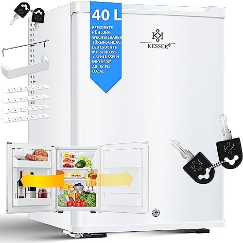KESSER® Mini nevera con cerradura y llave, minibar 40 litros de capacidad útil, Frigorífico 22dB, cambio de sentido de apertura de puerta, 4°-16°C altura 57cm, iluminación Refrigerador blanco