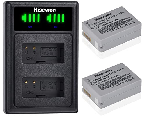 Hisewen 2 Pack NB-10L NB10L Battery 1500mAh and Dual Charger for Canon PowerShot G1 X, G3 X, G15, G16, SX40 HS, SX50 HS, SX60 HS Camera