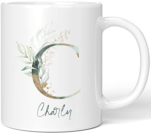 JUNIWORDS Tasse, Charly, Name Anfangsbuchstabe Initial Alphabet Floral Buchstabe C Monogramm Motiv, Weiß (5440340)