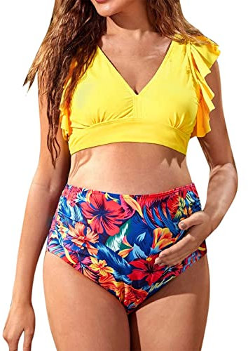 Maillot de Bain 2 Pièces Maternité Shorty Taille Haute Chic Imprimé Fleur Vêtements De Plage Océan Piscine Natation Bikini Maternité Enceintes Grossesse Push Up Col en V Volants Grande Taille