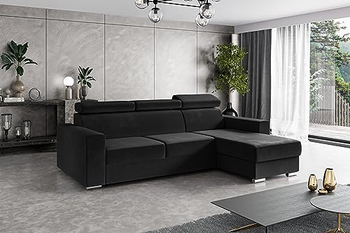 ALTDECOR Ecksofa rechts mit Schlaffunktion und Bettkasten mit Gasdruckfeder, Polstercouch in L-Form rechts angeordnet, rückenecht gepolstert, ideal als Gästebett - FIX - 242x168 cm Schwarz