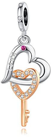 Amuefer Coeur Clé Charms pour Bracelets Pandora et Colliers Argent Sterling Or Rose Perle Charme Anniversaire Noël Bijoux Cadeaux pour Femme Fille Enfant