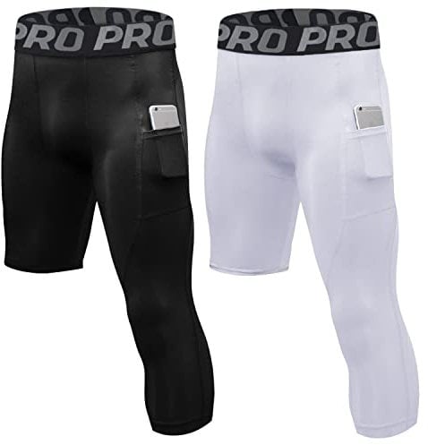 LANBAOSI 2 Pack 3/4 One Leg Compression Tights for Basketball Leg Sleeve Capri Athletic Base Layer Underwear for Gym Running, Black+white(right Short), Medium