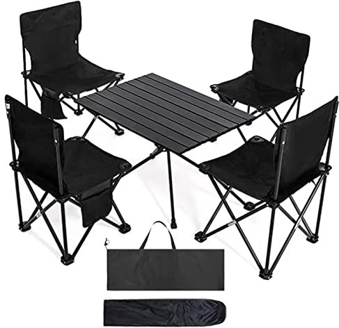 Klappbarer Outdoor-Campingtisch mit Tasche, 68 x 47 cm tragbarer Campingtisch, Leichter schwarzer Picknicktisch, Kleiner aufrollbarer Tisch für Wanderungen, Reisen, Grillpartys (Größe: A + 4 Stühl
