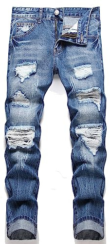AITITIA Men's Ripped Regular Fit Jeans, 3001 Blue, 36
