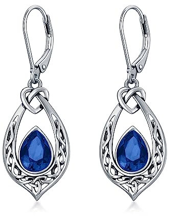 Saphir Blau Keltischer Knoten Ohrringe 925 Sterling Silber Irischen Leverback Ohrhänger mit September Geburtsstein Kristall