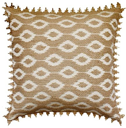 The HomeCentric Dekorativ Beige Kissen Überzüge, 2 Stück, 60x60 cm Jute Kissen, Kissenhülle mit Jutespitze & Ikat, Geometrisch Kissen, Zeitgenössisch Kissen Überzüge - Tatami