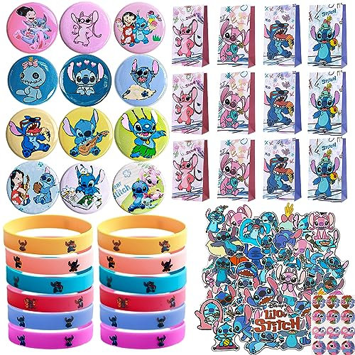 86Pcs Lilo St-itch Cadeaux d'anniversaire pour Enfants, 12 Sacs Cadeaux + 12 Bracelets en Silicone + 12 Badges + 50 Autocollants pour Enfants, pour les Fêtes d'anniversaire des Garçons et des Filles