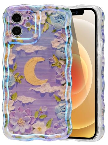 EYZUTAK Case for iPhone 11, Colorful Retro Oil Painting Flower Moon Pattern Laser Cute Curly Wave Edge Exquisite Phone Cover Stylish Durable TPU Protective Case for Girls Women - Purple White