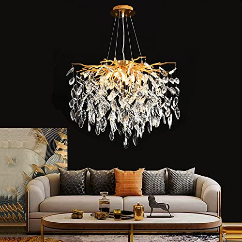 ZenithBeam Moderner Kristall-Baumzweig-Kronleuchter, goldfarben, rund, Regentropfen-Hängeleuchte, Hängeleuchte, 60 cm, für Esszimmer, Wohnzimmer, Schlafzimmer, 9 Leuchten