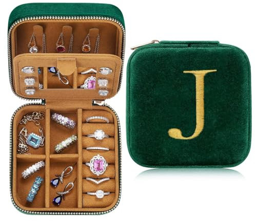 TINGN Personalisierte Schmuckkästchen mit Initiale J Kleine Schmuckkästchen Reise Schmuckkästchen mit Spiegel für Damen Mädchen Geschenk für Geburtstage Weihnachten Muttertag