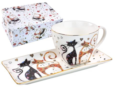 MARSSEUS - Taza de porcelana con bandeja de porcelana - Gatos enamorados - 250 ml