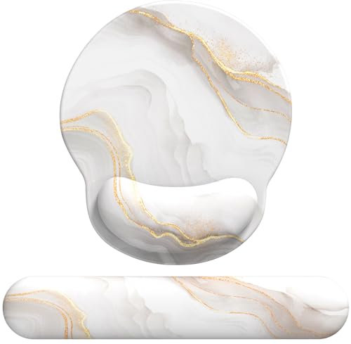 Giecy Alfombrilla de Ratón y Reposamuñecas para Teclado,Alfombrilla Ratón Ergonómica de Gel y Almohadilla de Teclado para oficinas y hogar(Kit Mármol Blanco)