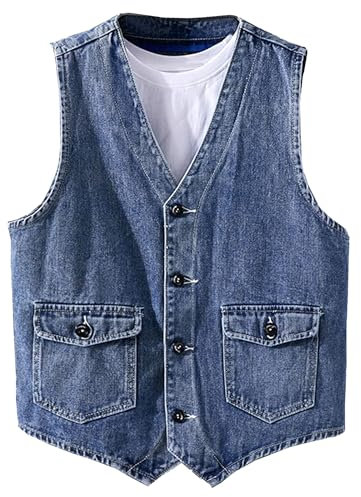 ZDJSWJ Veste en jean sans manches à col en V pour homme Veste bouton workwear jeans gilet Slim Vintage Casual Vest manteau (Bleu,M)