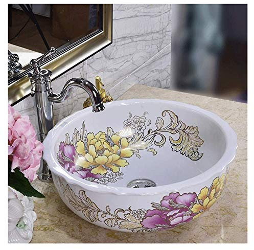 Meuble sous-Vasque avec lavabo, lavabo de Salle de Bain, lavabo de comptoir, lavabo de Salle de Bain Rond, Bol Artistique en Porcelaine de 15 Pouces au-Dessus du comptoir