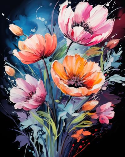 TISHIRON Kit de peinture à l'huile par numéros pour adultes, bouquet de coquelicots débutants, style aquarelle, kit de peinture à l'huile par numéros pour enfants et adultes - 40,6 x 50,8 cm