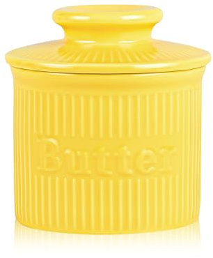 Beurrier français jaune avec ligne d'eau pour table et centres de table, beurrier en porcelaine, extérieur rayé