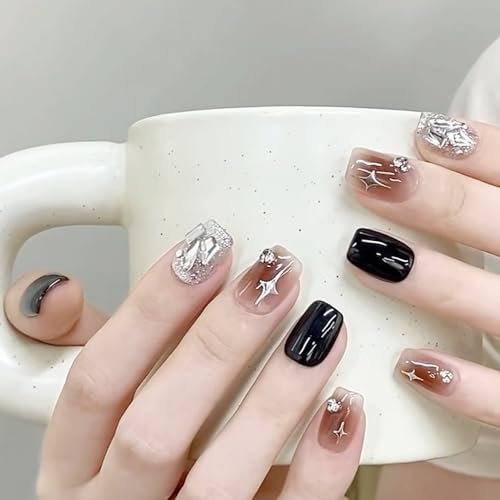 Handmade Nails Press on Nail Black Silver Diamond Stacked Rhinestones Brown Marble Glitter Reusable Fake Nails Short Y2K Stick on Nails French Tip False Nails 10pcs Luxury Gift Box(S, TB0163)