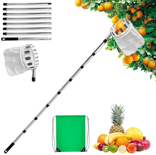 HUIKUANGEU Mango Telescópico Ligero de Acero Inoxidable,Recogedor de Frutas con Varillas de Extensión 3.2m,Recoge Frutas de árboles,Frutas Herramientas Recolectoras para Manzanas,Naranjas.