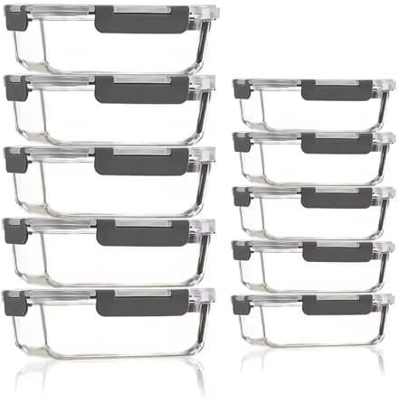 Glass Containers with Lids, 10 Pack Airtight Glass Meal Prep Containers, Glass Food Storage Containers, Reusable, Stackable, Microwave, Oven, Freezer and Dishwasher, 1050ml & 370ml (Gray)
