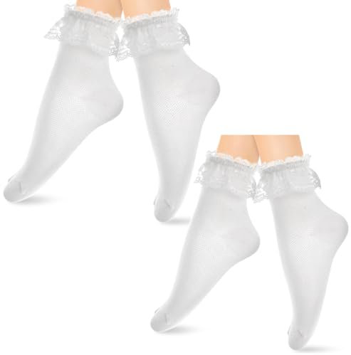 COMNICO Rüschen Socken 2 Paar Socken Mit Rüschen Damen Damen-Rüschensocken Modische Süße Prinzessin Socken Bequeme Baumwollsocken Sport Freizeit(weiß)