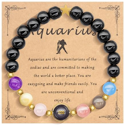HMOOY Sternzeichen Naturstein-Armband für Männer Frauen, 12 Konstellation echte 8mm große Natursteinperlen und Kristall Himmels Astrologie Schmuck Aufmunternde Motivationsgeschenke (Wassermann)
