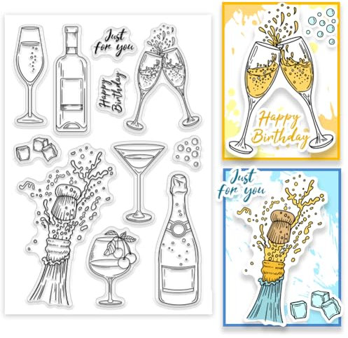 PH PandaHall Champagne Clear Stamps, Feiern Silikonstempel Weinglas Gummistempel Happy Birthday Transparente Briefmarken für Kartenherstellung Fotoalbum Dekoration und DIY Scrapbooking 16x11 cm