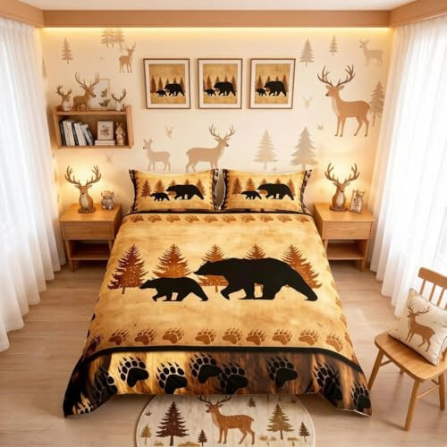 Loussiesd Bären-Bettwäsche-Set für Doppelbett, Kinder Jungen, Bauernhaus, Wildtier-Thema, brauner Retro-Bär, Bettbezug-Set mit braunen Bärenpfoten, Schlafzimmer-Dekor-Bettwäsche