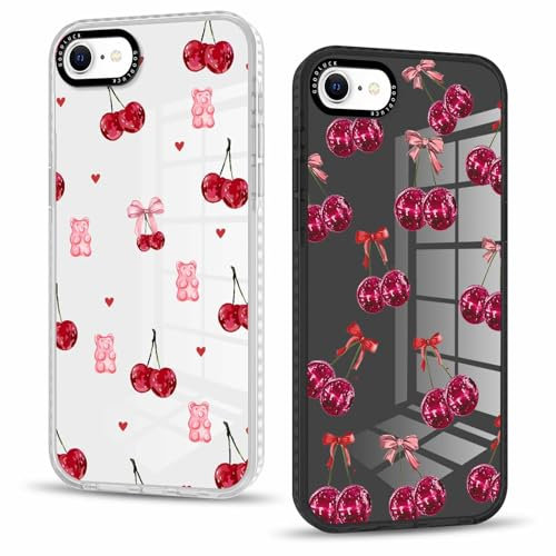 Phoona 2 packs Phone Case for iPhone 7/8 / SE 2020 / SE 2022 4,7'', Cherry Heart Bow Pattern with Transparent Aesthetics Design Cover, Soft Shockproof Protective Bumper Slim Funda for Women Girls
