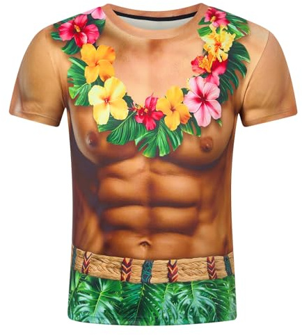 RAISEVERN 3D T-Shirt Herren Hawaii Hibiskus Lustig Coole Hässlich Muskeln Pseudomuskeln Druck Tshirt Jugendliche Junge Männer Party Geschenk Bekleidung, XL