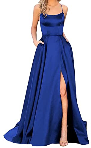 2025 Long Elegant Backless Satin Spaghetti Party Prom Dress with Side Slit and Pockets for Women - Evening Wedding Lilac