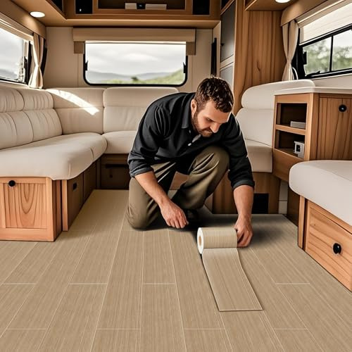 VFGFDJNDFX Waterproof Caravan Vinyl Flooring Roll Wood Effect Non-Slip Anti-Scratch Self Adhesive Floor Planks for Motorhome Campervan (30 * 500cm/1.5㎡,Dusty Beige)