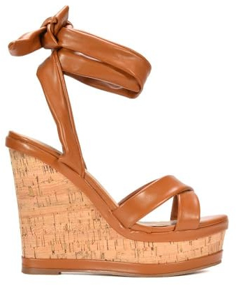 ESSEX GLAM Womens Wedge Heel Sandals Ladies Ankle Strap Lace Up Platform Open Toe Tan High Heel Shoes Size 5