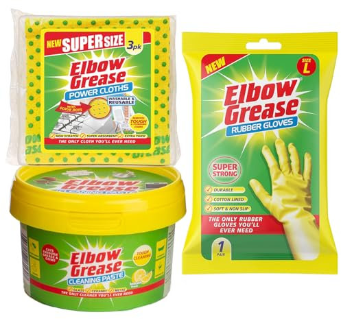 Elbow Grease Cleaning Bundle – 1X Cleaning Paste 350g, 1X Power Cloths (3 Pack) for Tough Stains, X1 Super Strong Gloves (Large) – All Purpose Powerful Household Cleaner Set