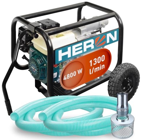 Heron Motorschlammpumpe 6,5 PS mit Spiralschläuchen und Saugkorb I Schmutzwasserpumpe mit 1300l/min Durchflusskapazität I Schlammpumpe zum Abpumpen von Wasser aus Baugruben, überschwemmten Gebieten